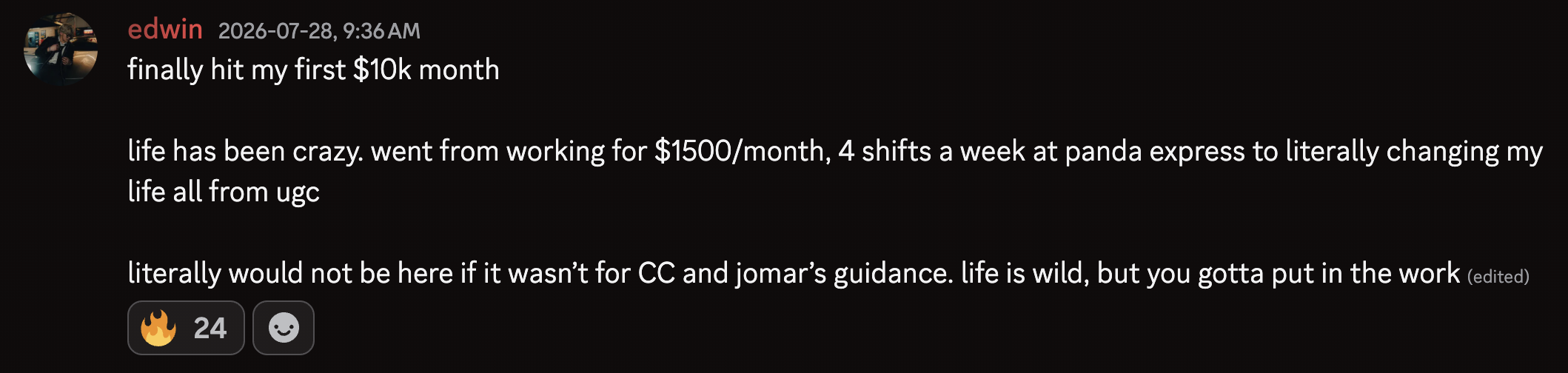 Discord screenshot: Edwin sharing how he went from Panda Express shifts to a $10K UGC month