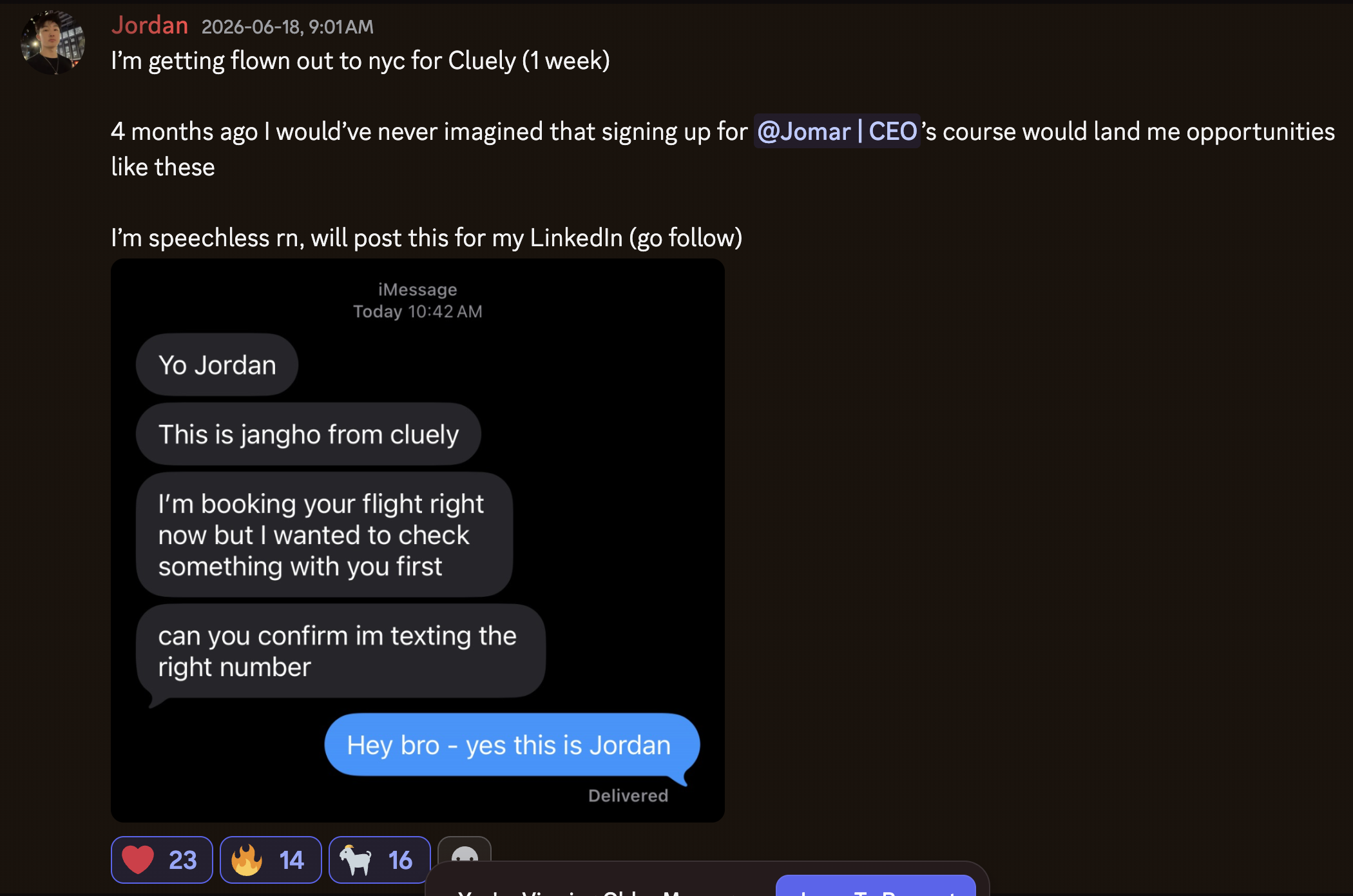 Discord screenshot: Jordan hitting a $10K/mo month and getting flown out to NYC for a brand deal after 4 months in Creator Catalyst