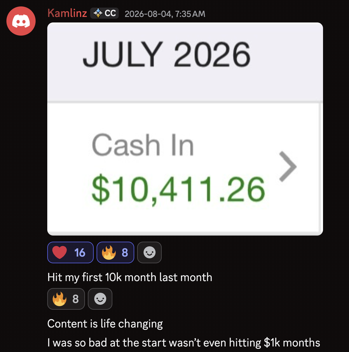 Discord screenshot: Kamlinz celebrating a $10,411.26 cash-in month