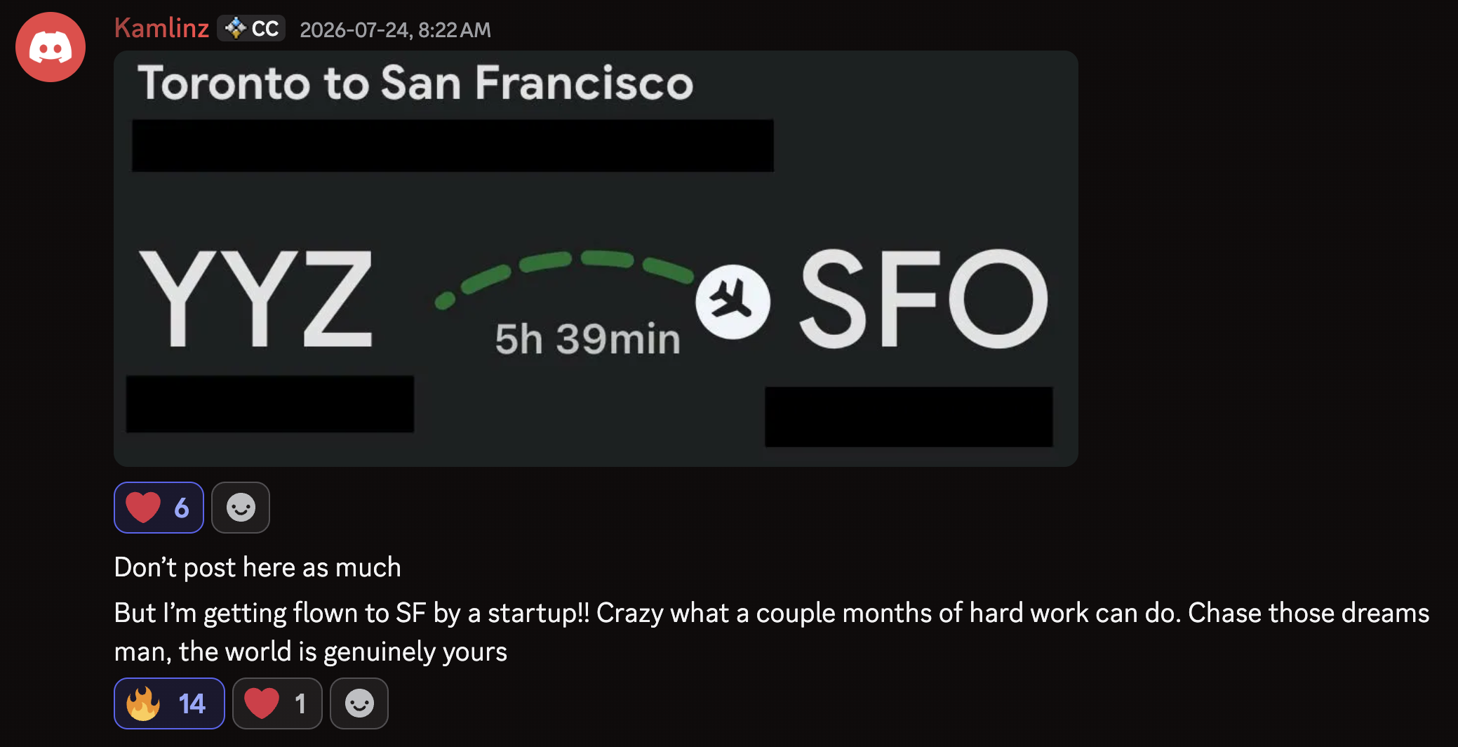 Discord screenshot: Kamlinz getting flown from Toronto to San Francisco by a startup