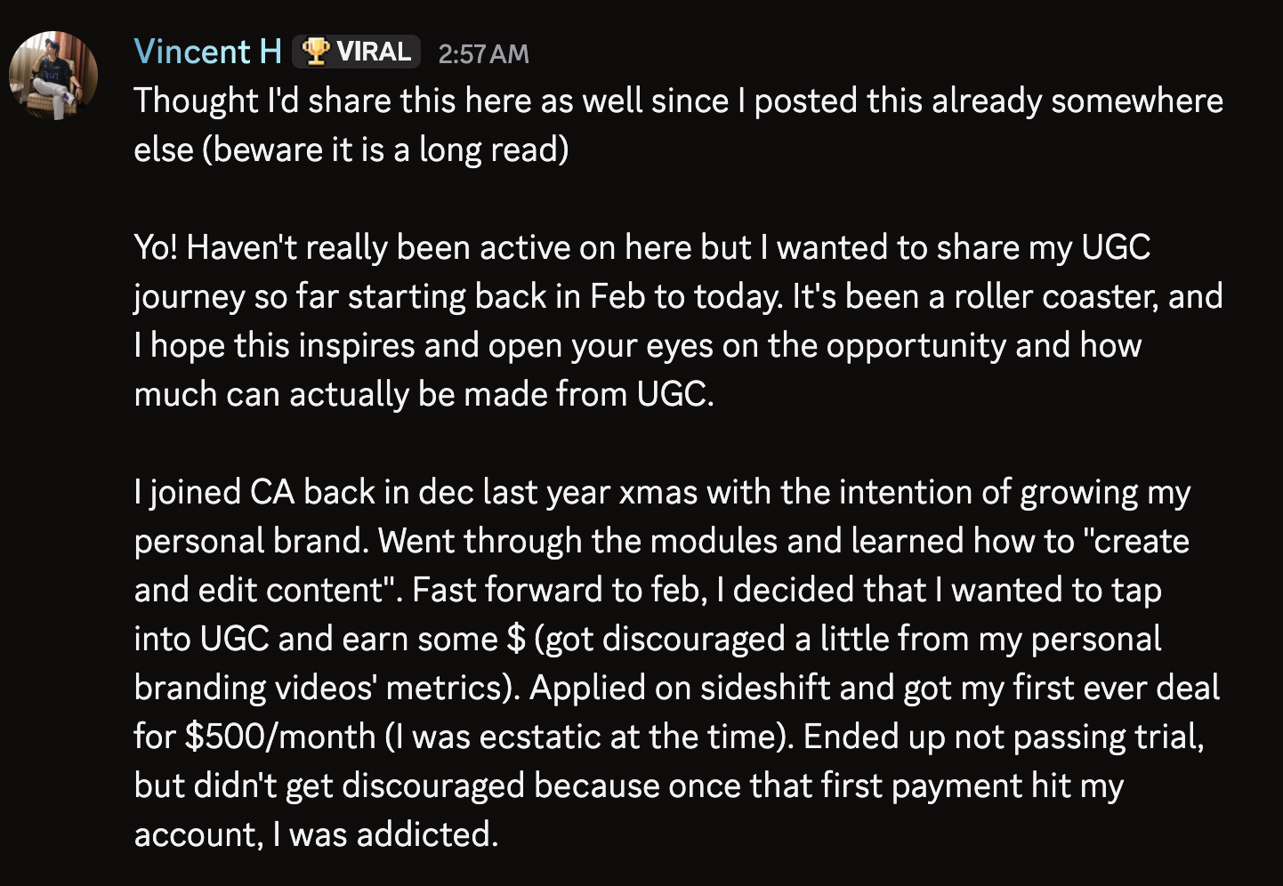 Discord screenshot: Vincent H describing how he started UGC from zero and got hooked after his first payment