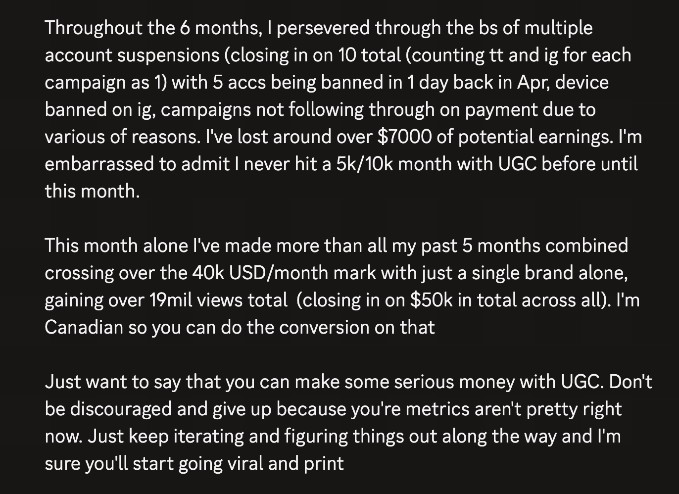 Discord screenshot: Vincent H crossing over $40K USD in a single month with UGC